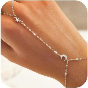925 Sterling Silver Star Moon CZ Beaded Adjustable Bracelet for Women